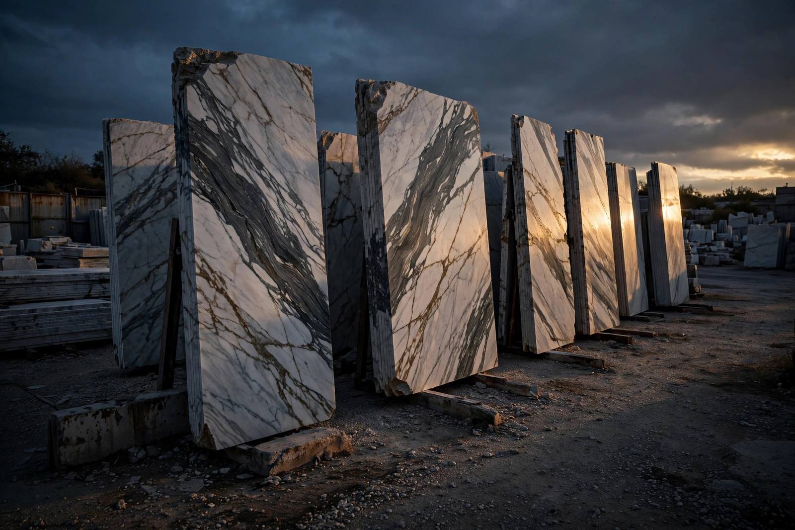 Marble slabs standing upright in a stone slab yard at dusk