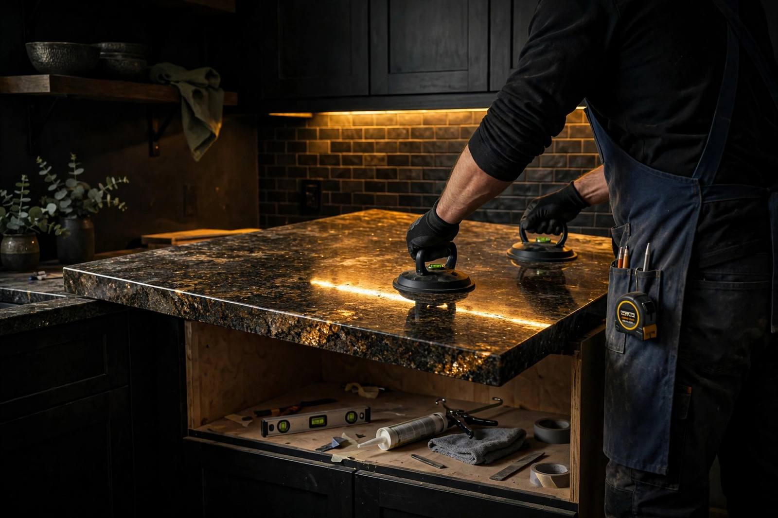 Craftsman installing a polished granite kitchen countertop